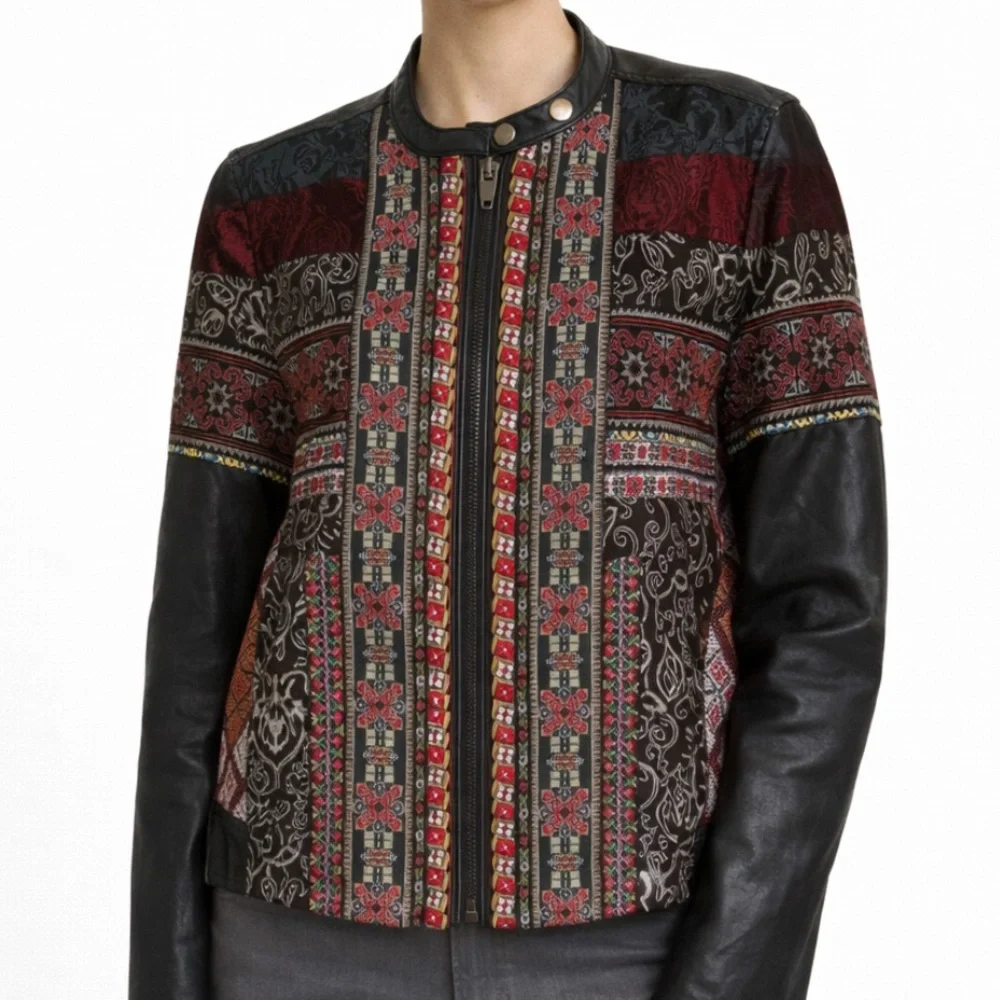 Chelsea & Violet Embroidered Jacquard Faux Leather Jacket Womens L Multicolor - Picture 1 of 7